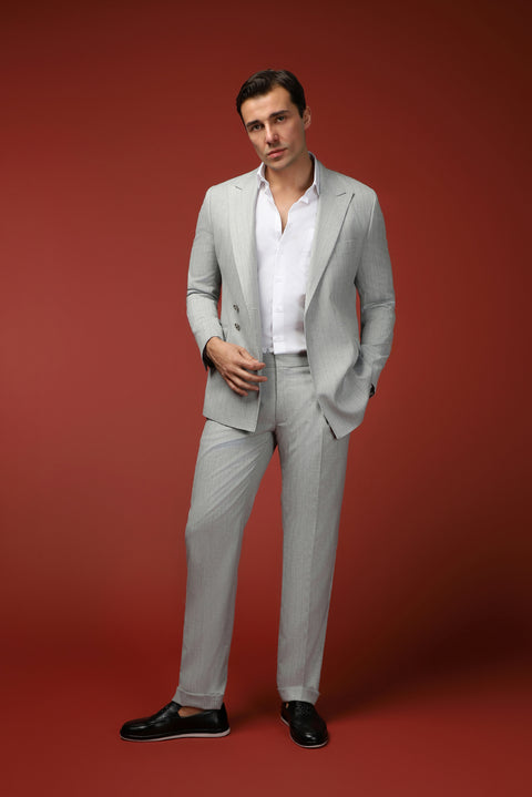 Açık Gri 7 Drop Slim Fit Dar Kesim Çizgili İtalyan Kesim Kruvaze Takım Elbise