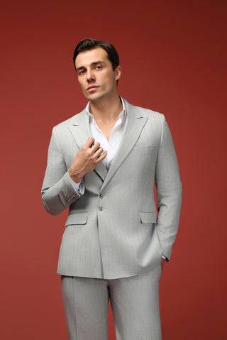  Açık Gri Slim Fit Dar Kesim Çizgili İtalyan Kesim Kruvaze Takım Elbise