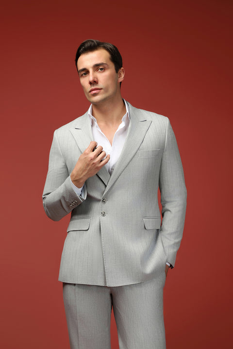 Açık Gri 7 Drop Slim Fit Dar Kesim Çizgili İtalyan Kesim Kruvaze Takım Elbise