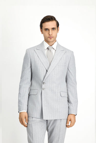 Açık Gri Slim Fit Dar Kesim Çizgili İtalyan Kesim Kruvaze Takım Elbise