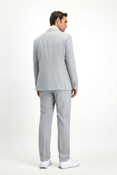 Açık Gri Slim Fit Dar Kesim Çizgili İtalyan Kesim Kruvaze Takım Elbise