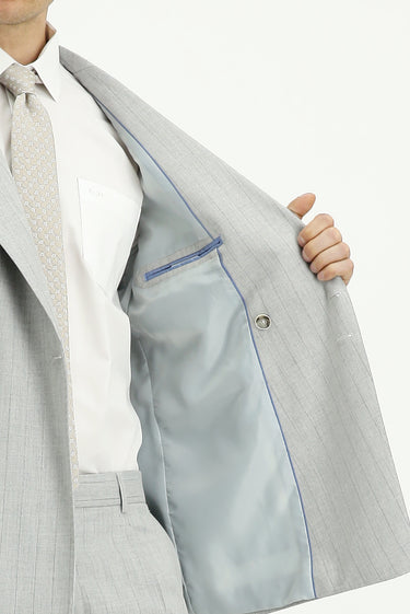 Açık Gri Slim Fit Dar Kesim Çizgili İtalyan Kesim Kruvaze Takım Elbise