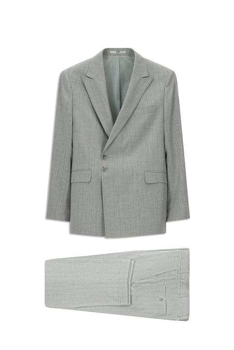 Açık Gri 7 Drop Slim Fit Dar Kesim Çizgili İtalyan Kesim Kruvaze Takım Elbise