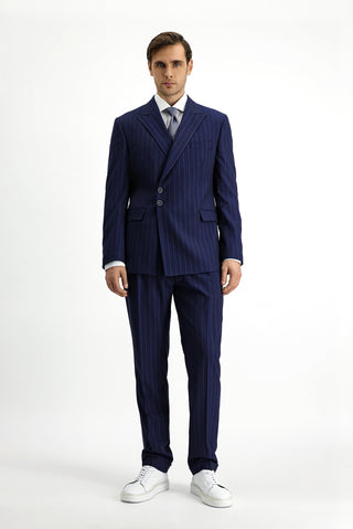  Koyu Lacivert Slim Fit Dar Kesim Çizgili İtalyan Kesim Kruvaze Takım Elbise