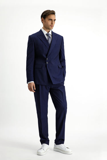  Koyu Lacivert Slim Fit Dar Kesim Çizgili İtalyan Kesim Kruvaze Takım Elbise