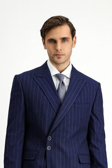  Koyu Lacivert Slim Fit Dar Kesim Çizgili İtalyan Kesim Kruvaze Takım Elbise