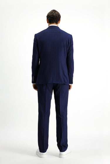  Koyu Lacivert Slim Fit Dar Kesim Çizgili İtalyan Kesim Kruvaze Takım Elbise