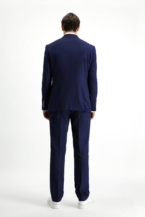 Koyu Lacivert 7 Drop Slim Fit Dar Kesim Çizgili İtalyan Kesim Kruvaze Takım Elbise