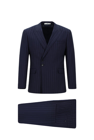 Koyu Lacivert Slim Fit Dar Kesim Çizgili İtalyan Kesim Kruvaze Takım Elbise