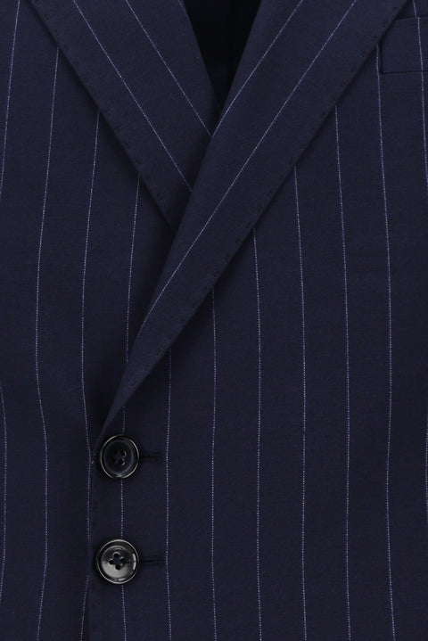 Koyu Lacivert 7 Drop Slim Fit Dar Kesim Çizgili İtalyan Kesim Kruvaze Takım Elbise