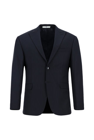  Koyu Lacivert Regular Fit Çizgili Klasik Pileli Takım Elbise