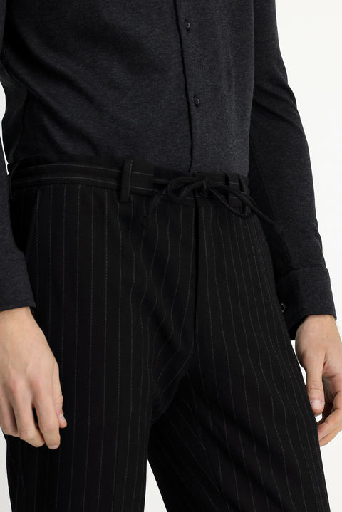 Siyah 7 Drop Slim Fit Dar Kesim Çizgili Beli İpli Spor Takım Elbise