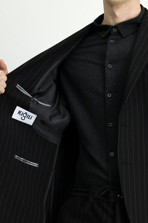 Siyah 7 Drop Slim Fit Dar Kesim Çizgili Beli İpli Spor Takım Elbise