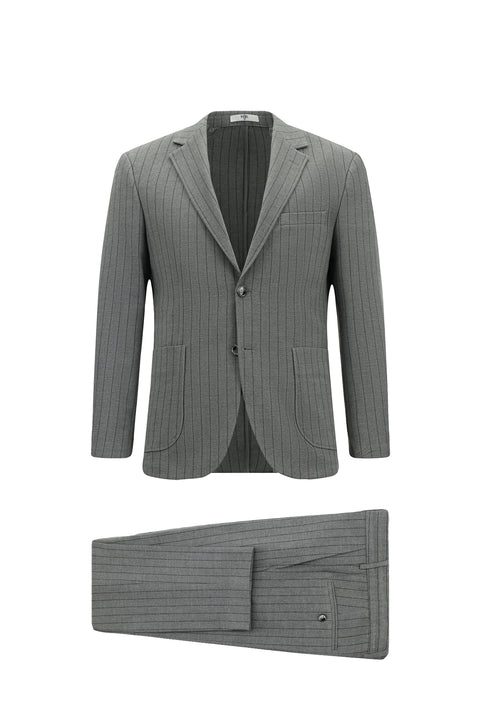 Açık Antrasit 7 Drop Slim Fit Dar Kesim Çizgili Beli İpli Spor Takım Elbise