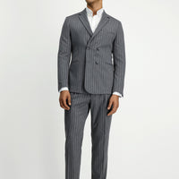 Orta Füme Muscle Fit Çizgili Beli Tokalı Kruvaze Takım Elbise