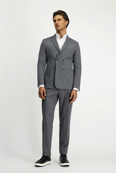 Orta Füme Muscle Fit Çizgili Beli Tokalı Kruvaze Takım Elbise