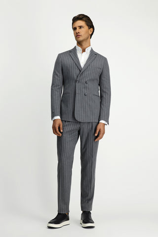  Orta Füme Slim Fit Dar Kesim Çizgili Beli Tokalı Kruvaze Takım Elbise