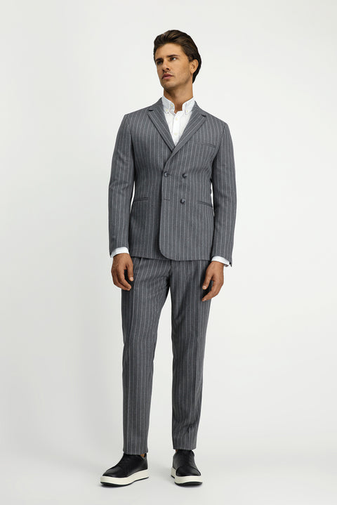 Orta Füme 7 Drop Slim Fit Dar Kesim Çizgili Beli Tokalı Kruvaze Takım Elbise