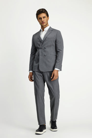 Orta Füme Muscle Fit Çizgili Beli Tokalı Kruvaze Takım Elbise