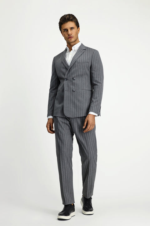 Orta Füme 7 Drop Slim Fit Dar Kesim Çizgili Beli Tokalı Kruvaze Takım Elbise