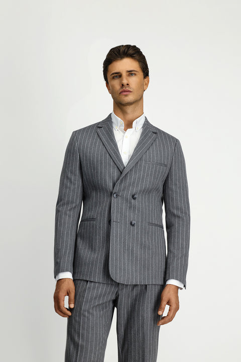 Orta Füme 7 Drop Slim Fit Dar Kesim Çizgili Beli Tokalı Kruvaze Takım Elbise