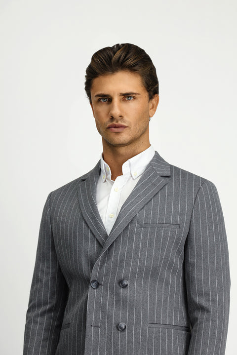 Orta Füme 7 Drop Slim Fit Dar Kesim Çizgili Beli Tokalı Kruvaze Takım Elbise