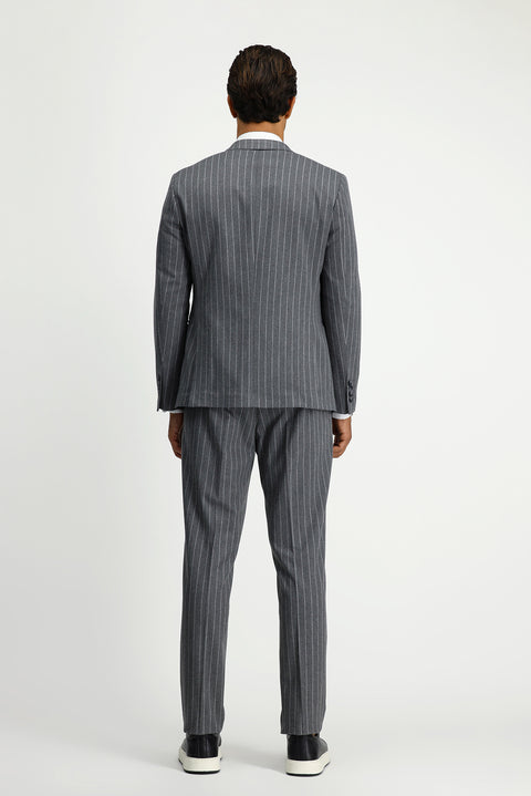 Orta Füme 8 Drop Muscle Fit Uzun Atletik Kesim Çizgili Beli Tokalı Kruvaze Takım Elbise