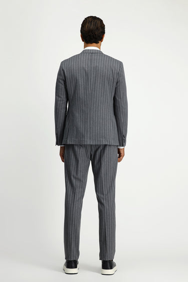 Orta Füme Slim Fit Dar Kesim Çizgili Beli Tokalı Kruvaze Takım Elbise