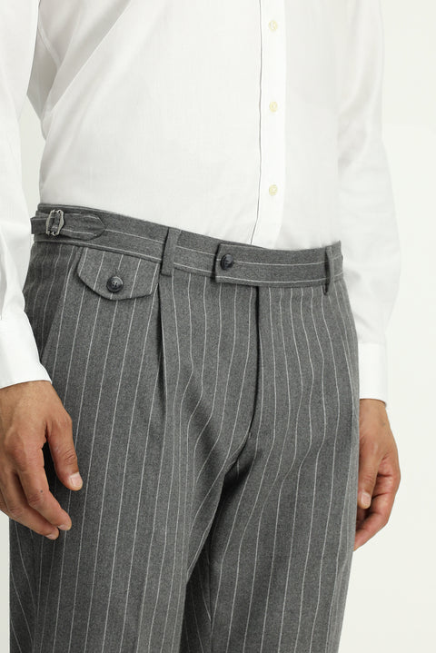 Orta Füme 7 Drop Slim Fit Dar Kesim Çizgili Beli Tokalı Kruvaze Takım Elbise