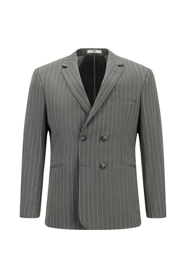 Orta Füme Slim Fit Dar Kesim Çizgili Beli Tokalı Kruvaze Takım Elbise