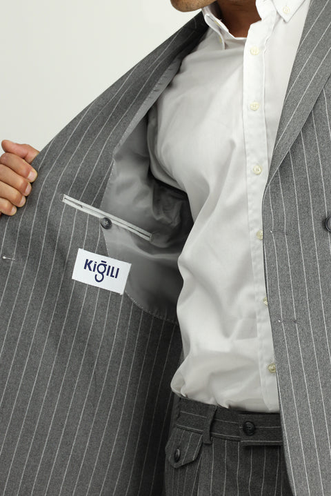 Orta Füme 7 Drop Slim Fit Dar Kesim Çizgili Beli Tokalı Kruvaze Takım Elbise