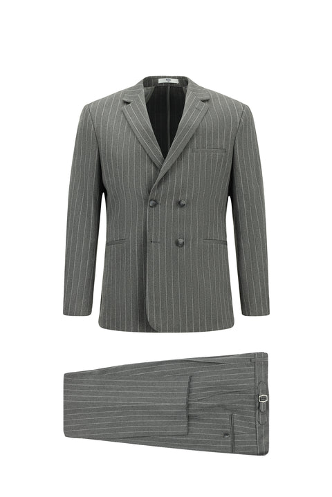 Orta Füme 7 Drop Slim Fit Dar Kesim Çizgili Beli Tokalı Kruvaze Takım Elbise