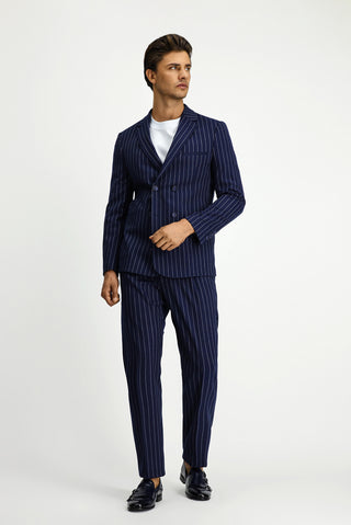  Orta Lacivert Slim Fit Dar Kesim Çizgili Beli Tokalı Kruvaze Takım Elbise