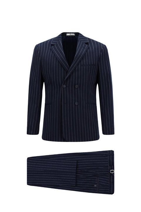Orta Lacivert 7 Drop Slim Fit Dar Kesim Çizgili Beli Tokalı Kruvaze Takım Elbise