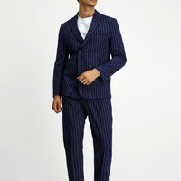 Orta Lacivert Muscle Fit Çizgili Beli Tokalı Kruvaze Takım Elbise