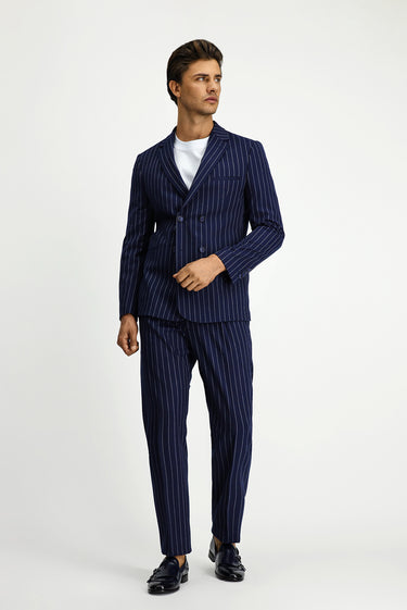 Orta Lacivert Muscle Fit Çizgili Beli Tokalı Kruvaze Takım Elbise