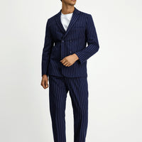 Medium Navy 7 Drop Slim Fit Striped Double-Breasted Suit with Buckle Waist