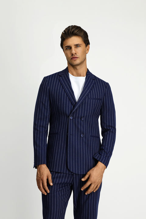 Orta Lacivert 7 Drop Slim Fit Dar Kesim Çizgili Beli Tokalı Kruvaze Takım Elbise