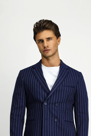  Orta Lacivert Slim Fit Dar Kesim Çizgili Beli Tokalı Kruvaze Takım Elbise