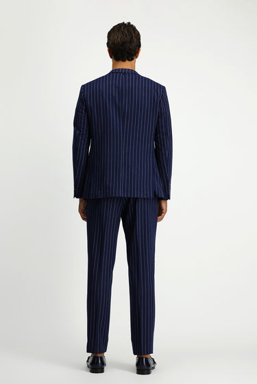 Orta Lacivert Slim Fit Dar Kesim Çizgili Beli Tokalı Kruvaze Takım Elbise