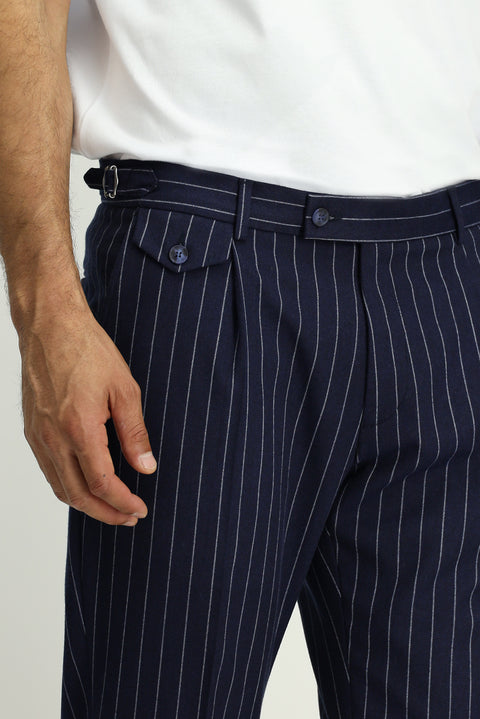 Orta Lacivert 7 Drop Slim Fit Dar Kesim Çizgili Beli Tokalı Kruvaze Takım Elbise