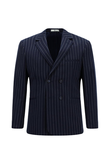 Orta Lacivert Slim Fit Dar Kesim Çizgili Beli Tokalı Kruvaze Takım Elbise