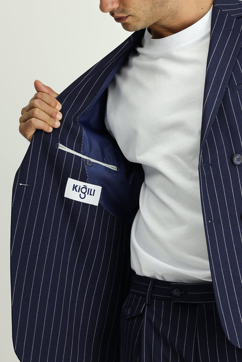 Medium Navy 8 Drop Muscle Fit Long Athletic Cut Striped Double-Breasted Suit with Buckle Waist