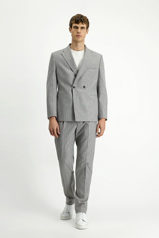  Açık Vizon Slim Fit Dar Kesim Çizgili Beli Tokalı Kruvaze Takım Elbise