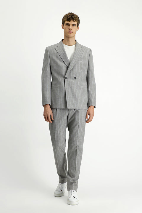 Light Mink 8 Drop Muscle Fit Long Athletic Cut Striped Double-Breasted Suit with Buckle Waist