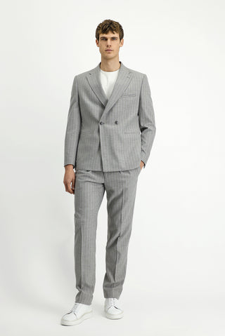  Açık Vizon Slim Fit Dar Kesim Çizgili Beli Tokalı Kruvaze Takım Elbise