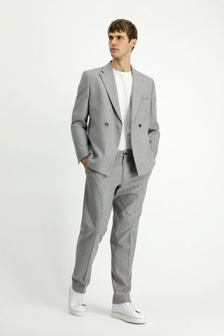  Açık Vizon Slim Fit Dar Kesim Çizgili Beli Tokalı Kruvaze Takım Elbise