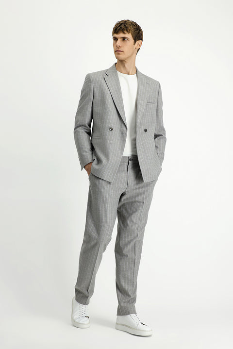 Açık Vizon 7 Drop Slim Fit Dar Kesim Çizgili Beli Tokalı Kruvaze Takım Elbise