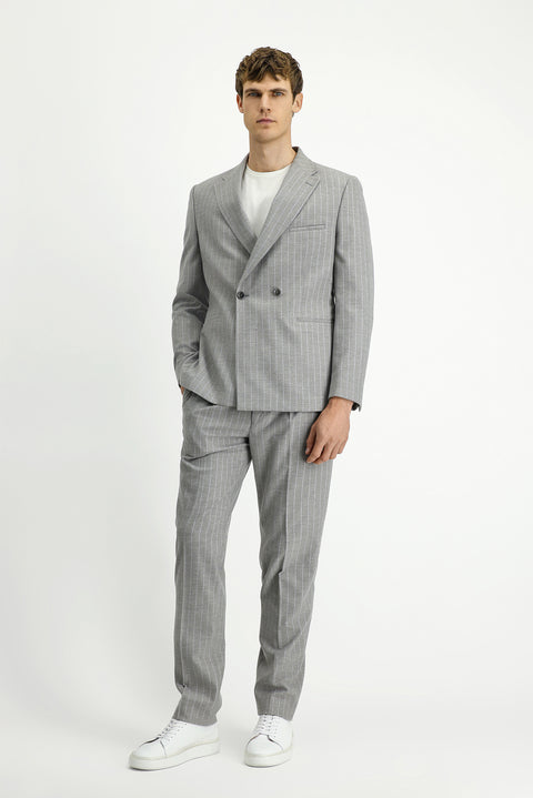 Açık Vizon 7 Drop Slim Fit Dar Kesim Çizgili Beli Tokalı Kruvaze Takım Elbise