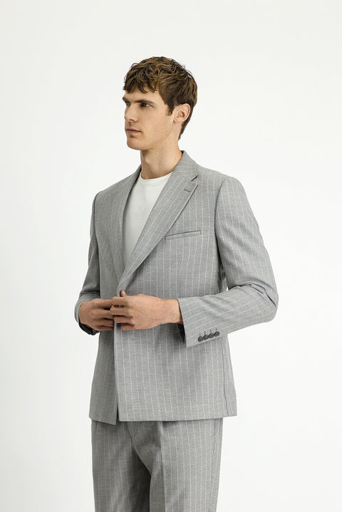 Açık Vizon 8 Drop Muscle Fit Uzun Atletik Kesim Çizgili Beli Tokalı Kruvaze Takım Elbise